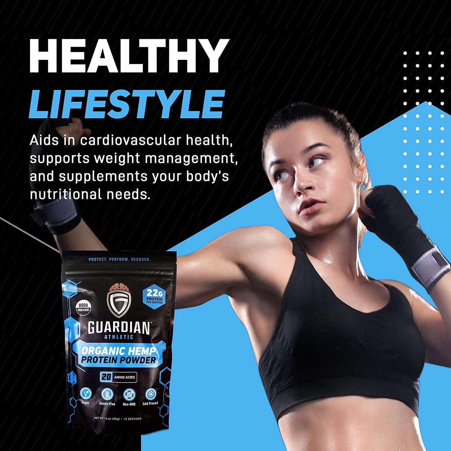 GUARDIAN ATHLETIC - Organic Hemp Protein Powder | Plant-Based, Vegan, Gluten-Free, Non-GMO, and Cold Pressed | 15 Servings | Net Wt. 1 lb. (16 oz)