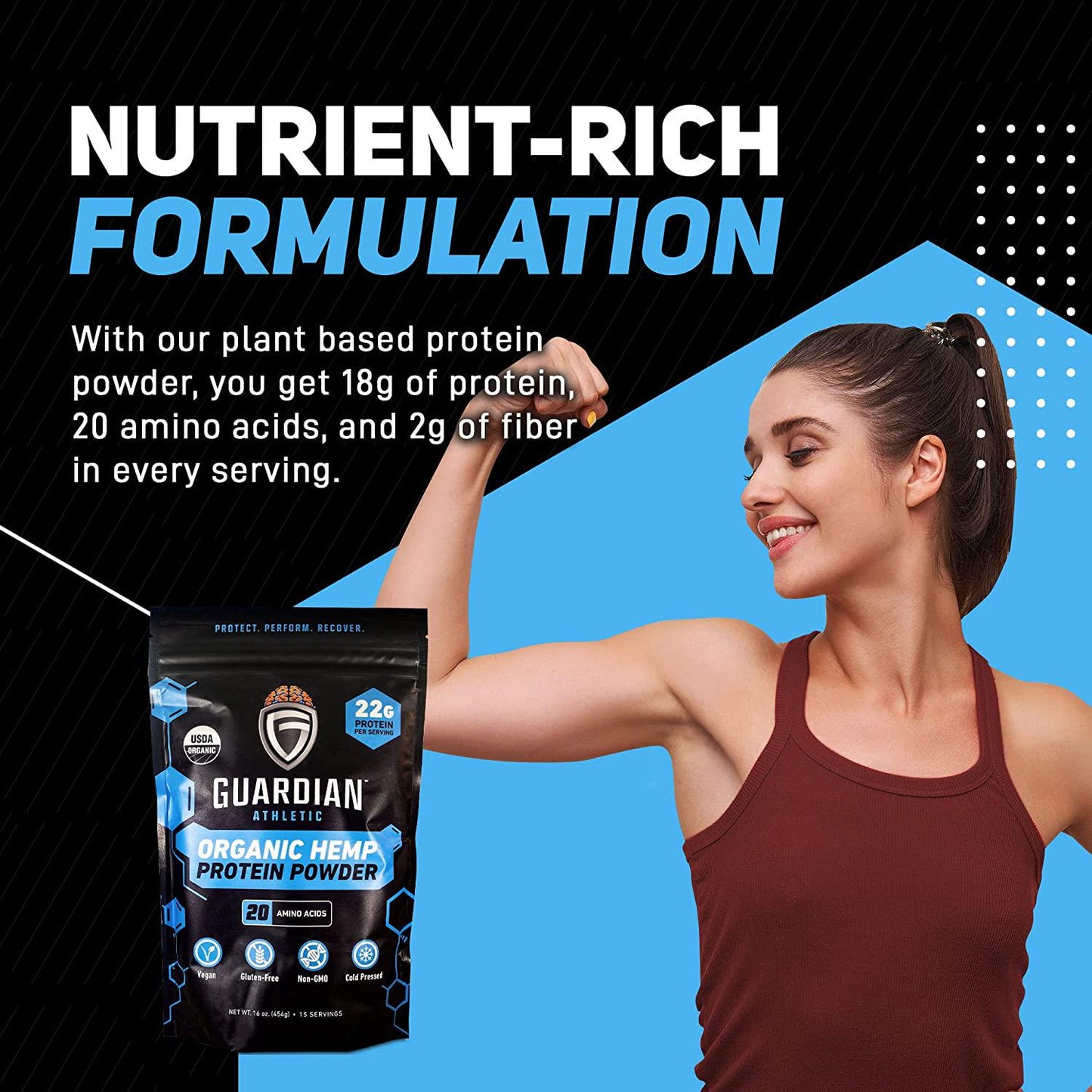 GUARDIAN ATHLETIC - Organic Hemp Protein Powder | Plant-Based, Vegan, Gluten-Free, Non-GMO, and Cold Pressed | 15 Servings | Net Wt. 1 lb. (16 oz)