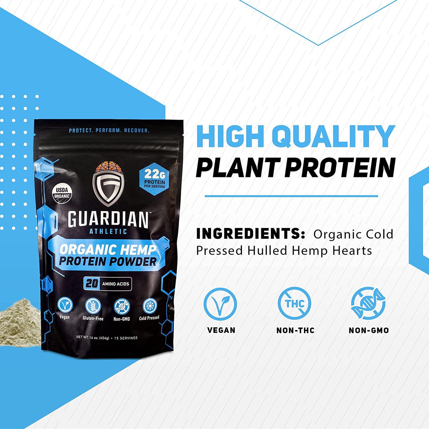 GUARDIAN ATHLETIC - Organic Hemp Protein Powder | Plant-Based, Vegan, Gluten-Free, Non-GMO, and Cold Pressed | 15 Servings | Net Wt. 1 lb. (16 oz)