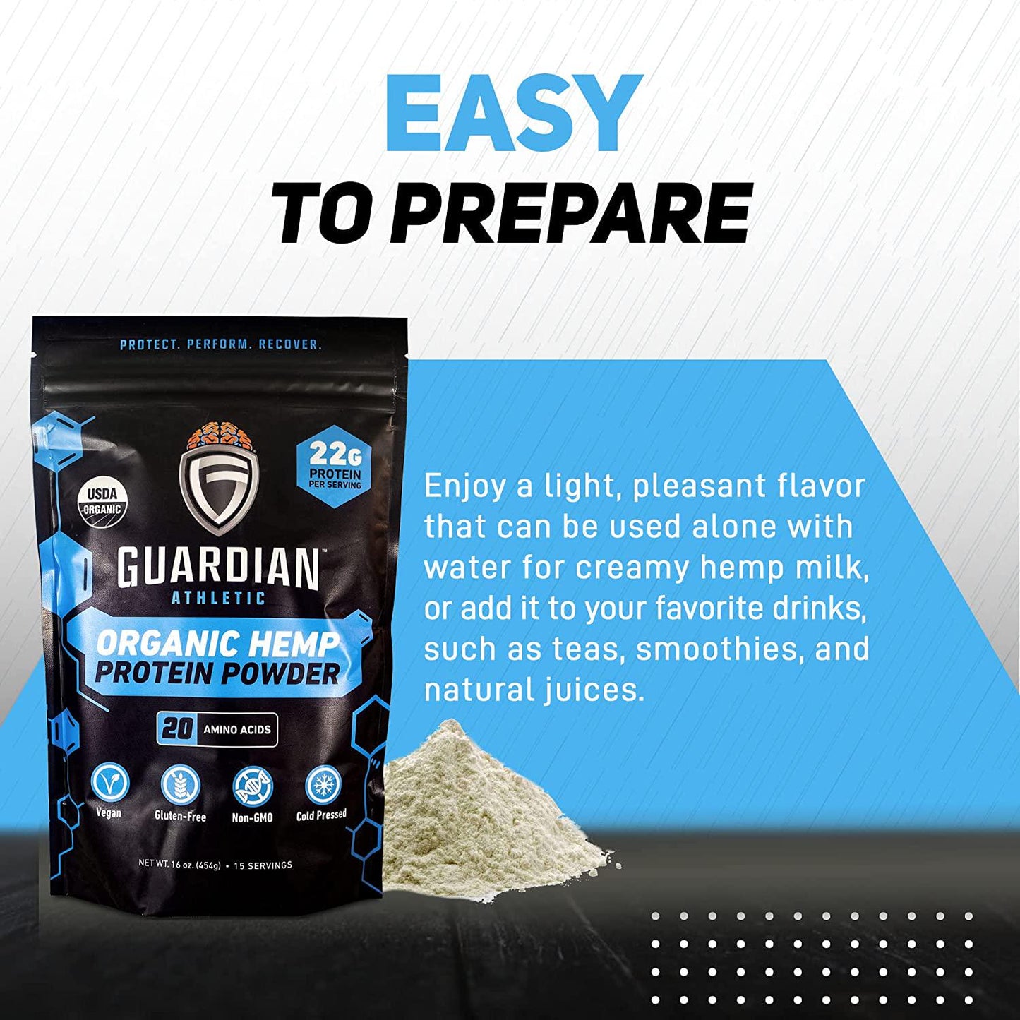 GUARDIAN ATHLETIC - Organic Hemp Protein Powder | Plant-Based, Vegan, Gluten-Free, Non-GMO, and Cold Pressed | 15 Servings | Net Wt. 1 lb. (16 oz)