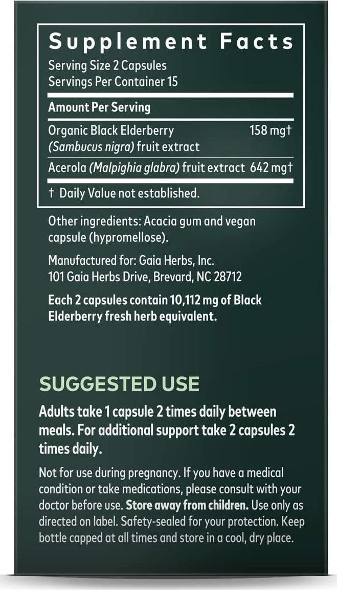 Gaia Herbs, Black Elderberry, Organic Sambucus Elderberry Extract for Daily Immune and Antioxidant Support, Vegan Powder Capsules, 30 Count (Pack of 2)