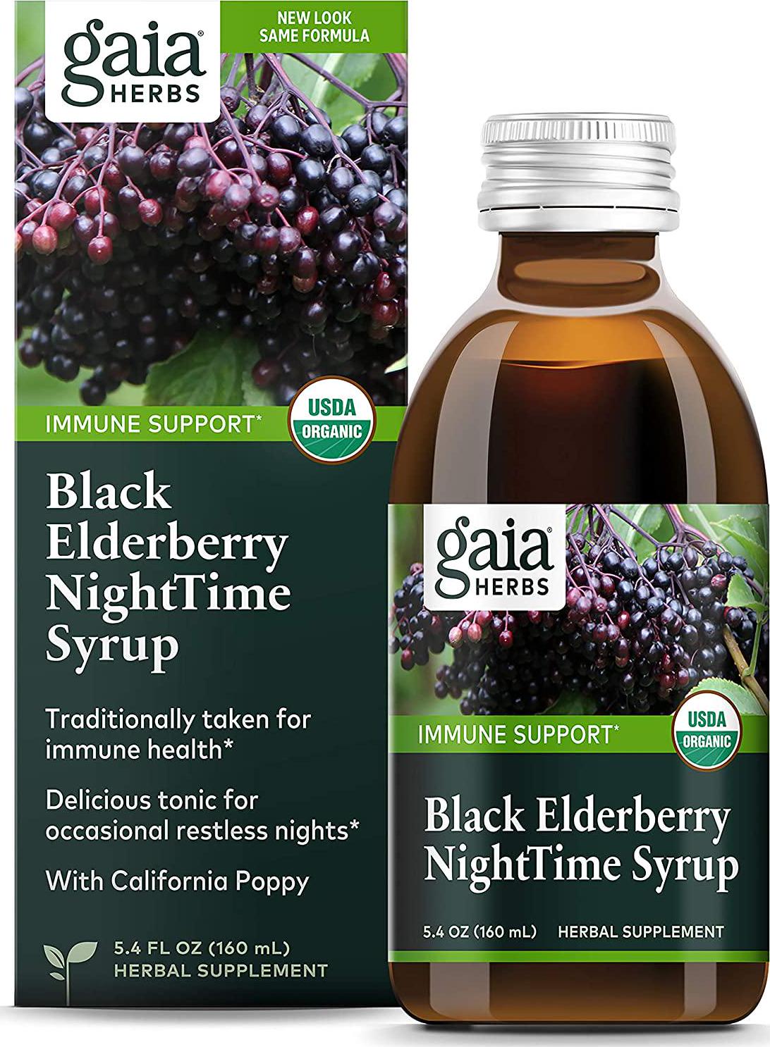 Gaia Herbs Black Elderberry NightTime Syrup, 5.4 Ounce - Immune Support for Restful Sleep, Organic Sambucus Elderberry Supplement