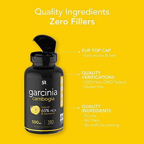 Garcinia Cambogia Extract (65% HCA) with Extra Virgin Organic Coconut Oil | Non-GMO, Soy and Gluten Free (180 Liquid softgels)