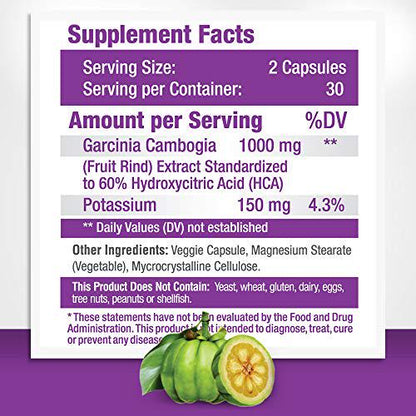 Garcinia Cambogia Extract 1000 mg, 100% Pure Natural HCA Extract with Naturally Occurring Potassium for Superior Absorption, Non GMO, Gluten Free, 60 Vegan Capsules - AS SEEN ON TV