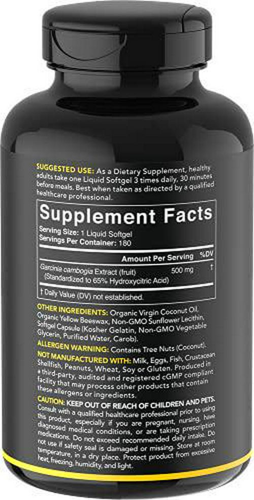 Garcinia Cambogia Extract (65% HCA) with Extra Virgin Organic Coconut Oil | Non-GMO, Soy and Gluten Free (180 Liquid softgels)