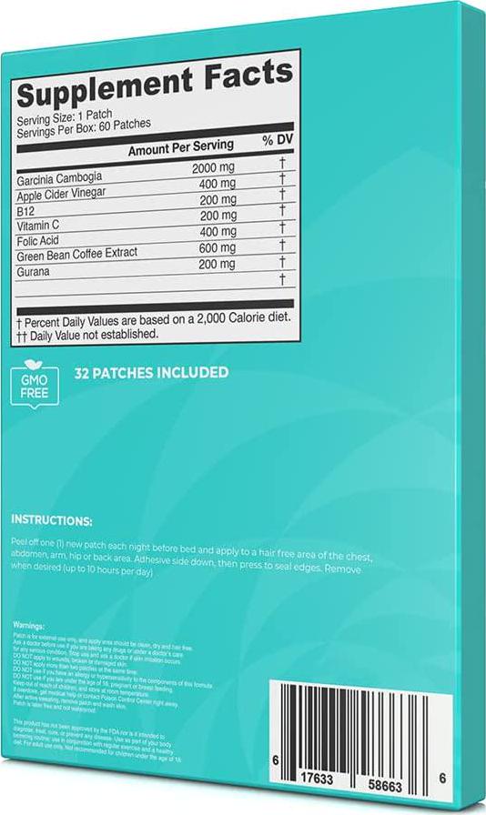 Garcinia Cambogia Patch - Pure Potent Blend Garcinia Cambogia with Apple Cider Vinegar, B12, Green Bean Coffee - Natural Energy and Carb Control