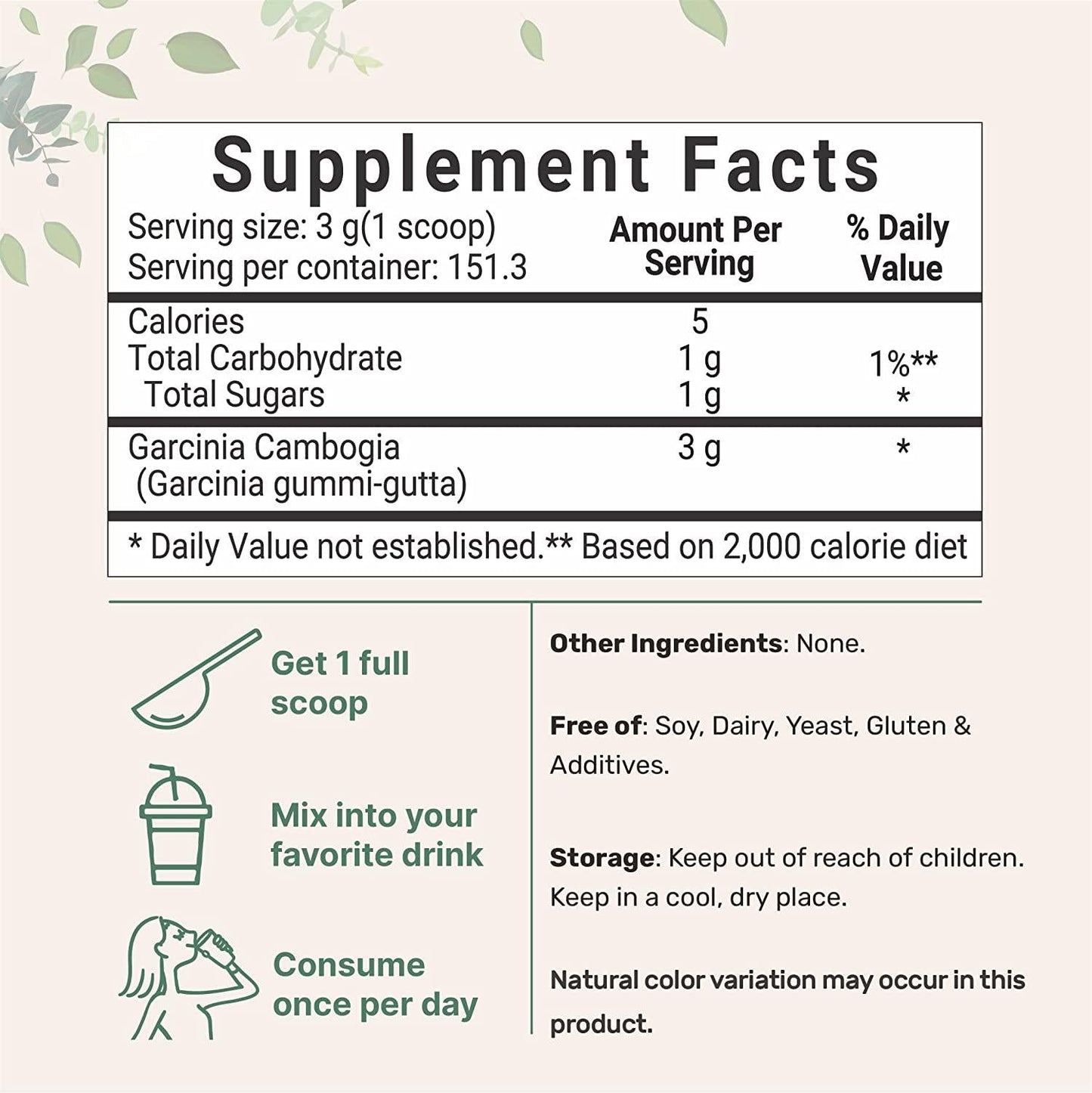 Garcinia Cambogia Powder with 60% HCA, Garcinia 3000mg Per Serving, 1 Pound (5 Months Supply), No Filler, Non-GMO, No Gluten and Vegan Friendly