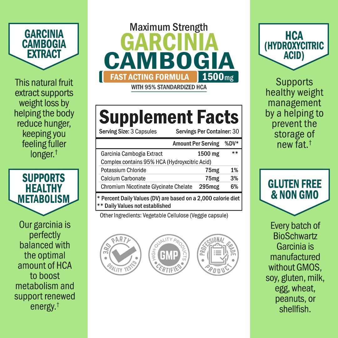 Garcinia Cambogia Weight Loss Pills - 1500mg 95% HCA Pure Extract - Fast Acting Appetite Suppressant - Fat Burner for Men Women to Help Lose Weight - Carb Blocker Metabolism Booster Diet Pill -90ct