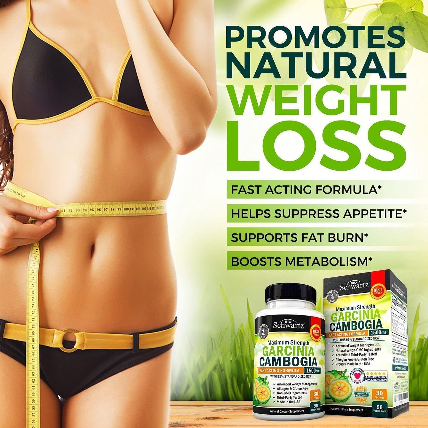 Garcinia Cambogia Weight Loss Pills - 1500mg 95% HCA Pure Extract - Fast Acting Appetite Suppressant - Fat Burner for Men Women to Help Lose Weight - Carb Blocker Metabolism Booster Diet Pill -90ct