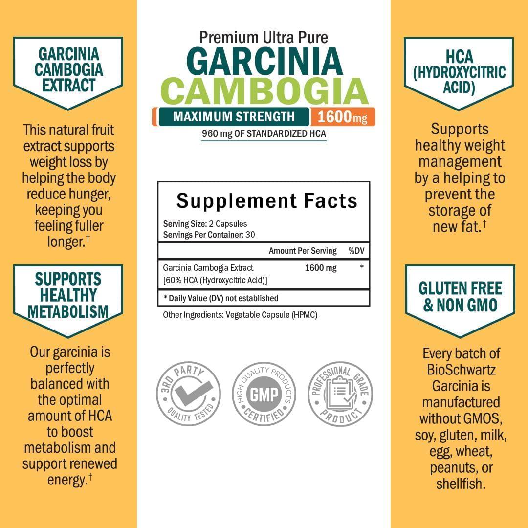 Garcinia Cambogia Weight Loss Pills - Fast Acting Appetite Suppressant and Fat Burner for Men and Women - 1600mg Natural Extract and 960mg HCA Diet Pill - Metabolism Booster and Carb Blocker Capsules - 60Ct