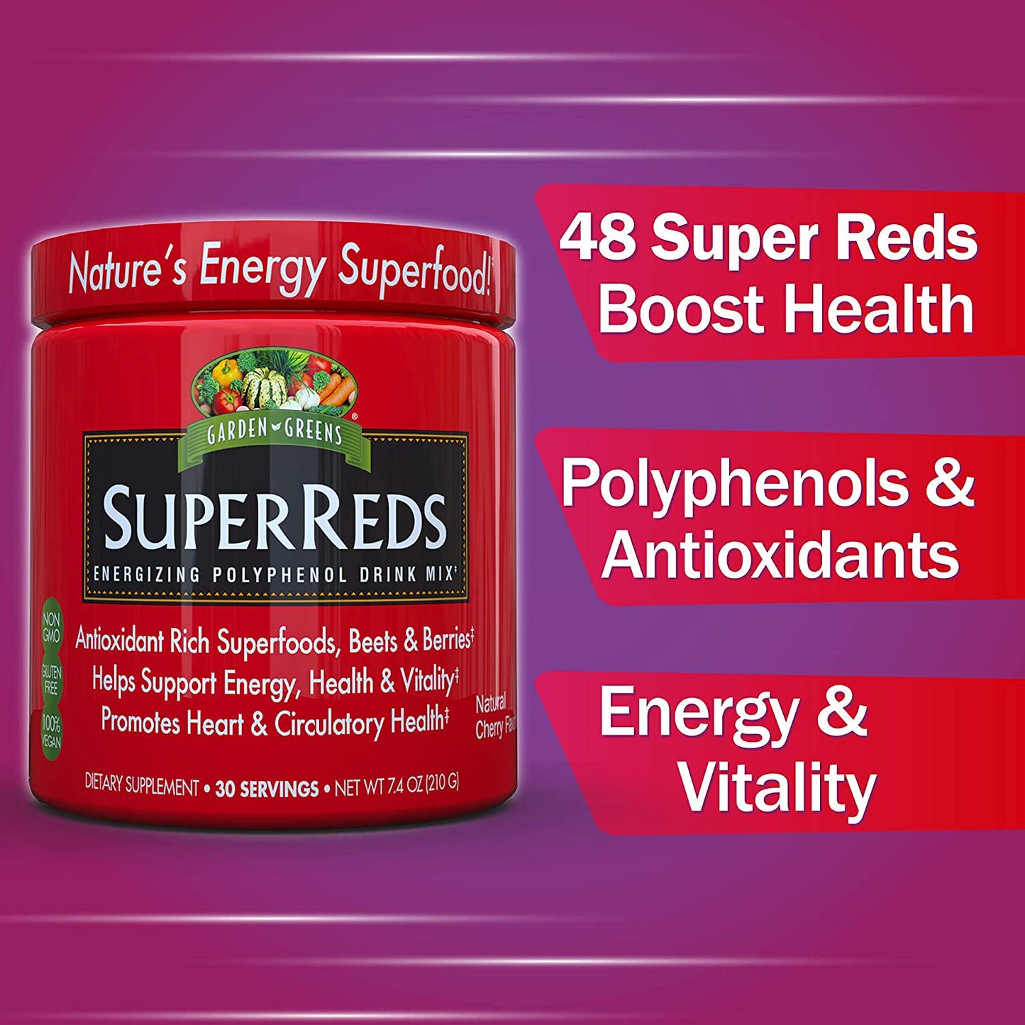 Garden Greens Super Reds Energizing Polyphenol Superfoods, Antioxidants, Powder Drink Mix, 30servings