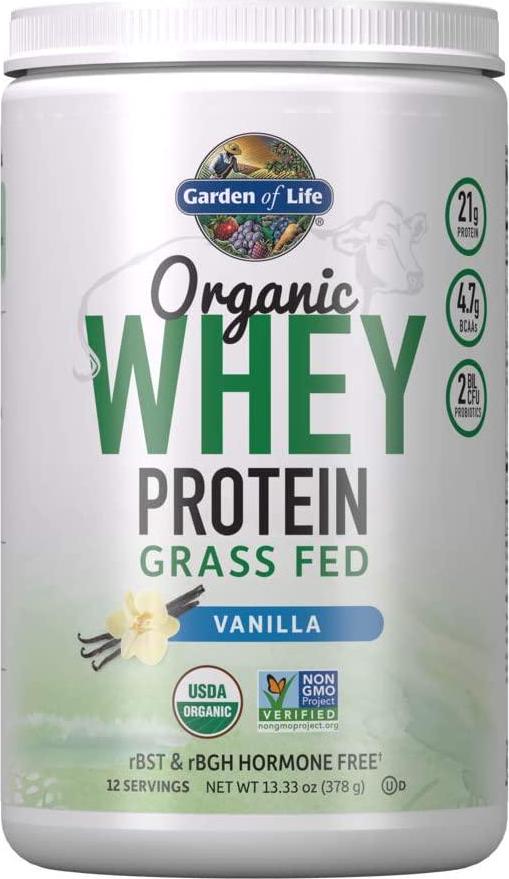 Garden of Life Certified Organic Grass Fed Whey Protein Powder - Vanilla, 12 Servings - 21g California Grass Fed Protein Plus Probiotics, Non-GMO, Gluten Free, RBST and rBGH Free, Humane Certified
