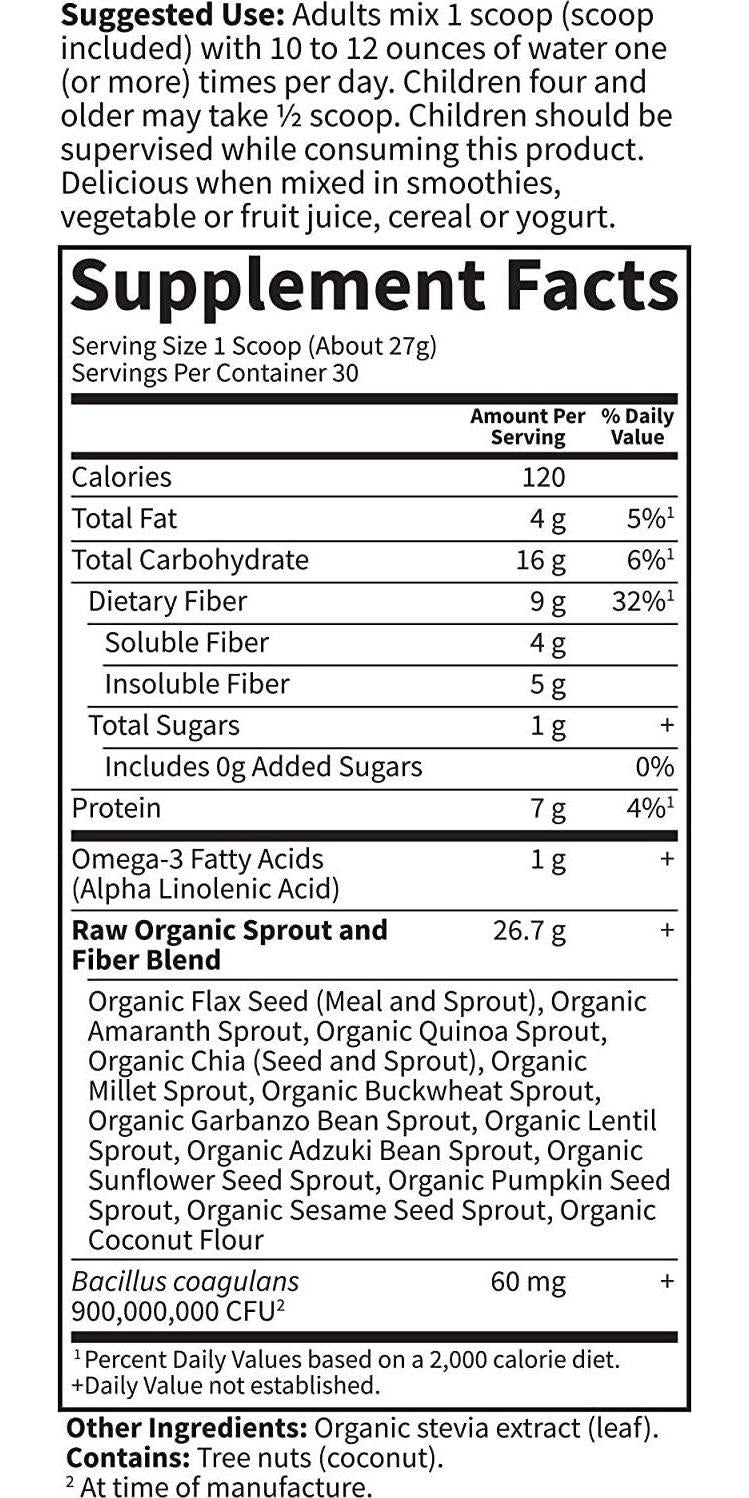 Garden of Life Fiber Supplement, Raw Organic Fiber Powder, 30 Servings, 15 Organic Superfoods, Probiotics, Omega-3 ALA, 4g Soluble Fiber, 5g Insoluble Fiber for Regularity, Psyllium Husk Free Fiber