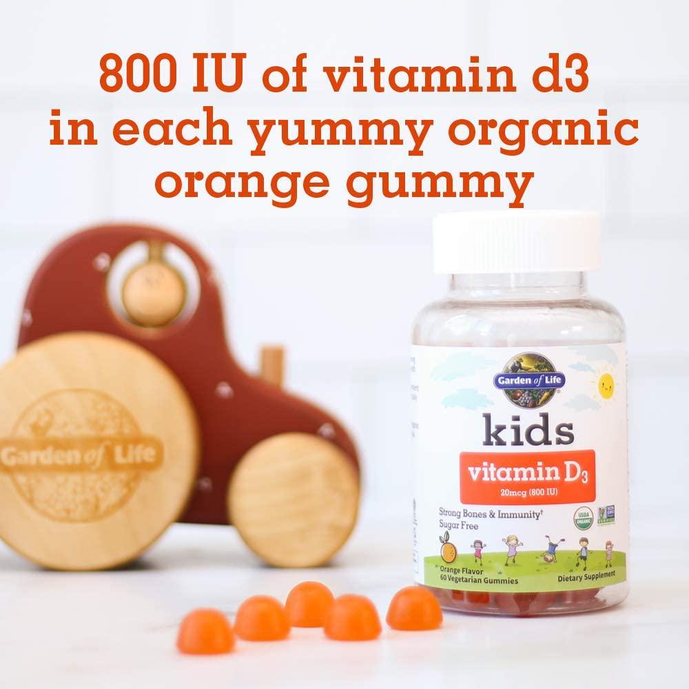 Garden of Life Kids Organic Vitamin D3 Gummies, Orange Flavor - 800 Iu (100% Dv) for Immunity and Strong Bones, Sugar Free Once Daily D3 Gummy Vitamins for Kids, 60 Vegetarian Gummies (60-day supply)
