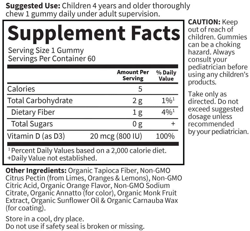 Garden of Life Kids Organic Vitamin D3 Gummies, Orange Flavor - 800 Iu (100% Dv) for Immunity and Strong Bones, Sugar Free Once Daily D3 Gummy Vitamins for Kids, 60 Vegetarian Gummies (60-day supply)