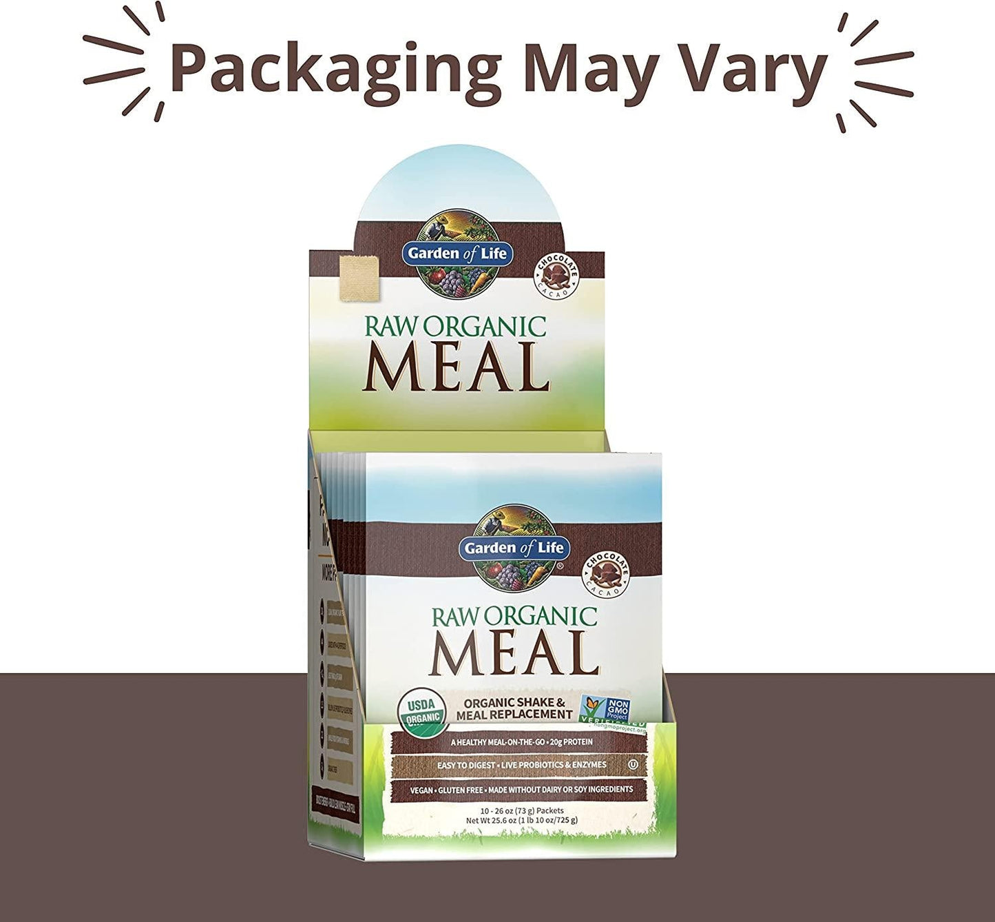 Garden of Life Meal Replacement - Organic Raw Plant Based Protein Powder, Chocolate, Vegan, Gluten-Free, 10 Count Tray