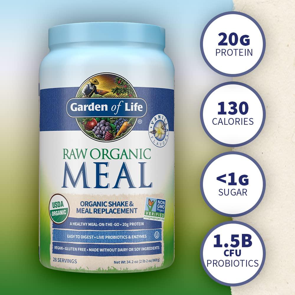 Garden of Life Meal Replacement - Organic Raw Plant Based Protein Powder, Vanilla, Vegan, Gluten-Free, 34.2oz (969g) Powder
