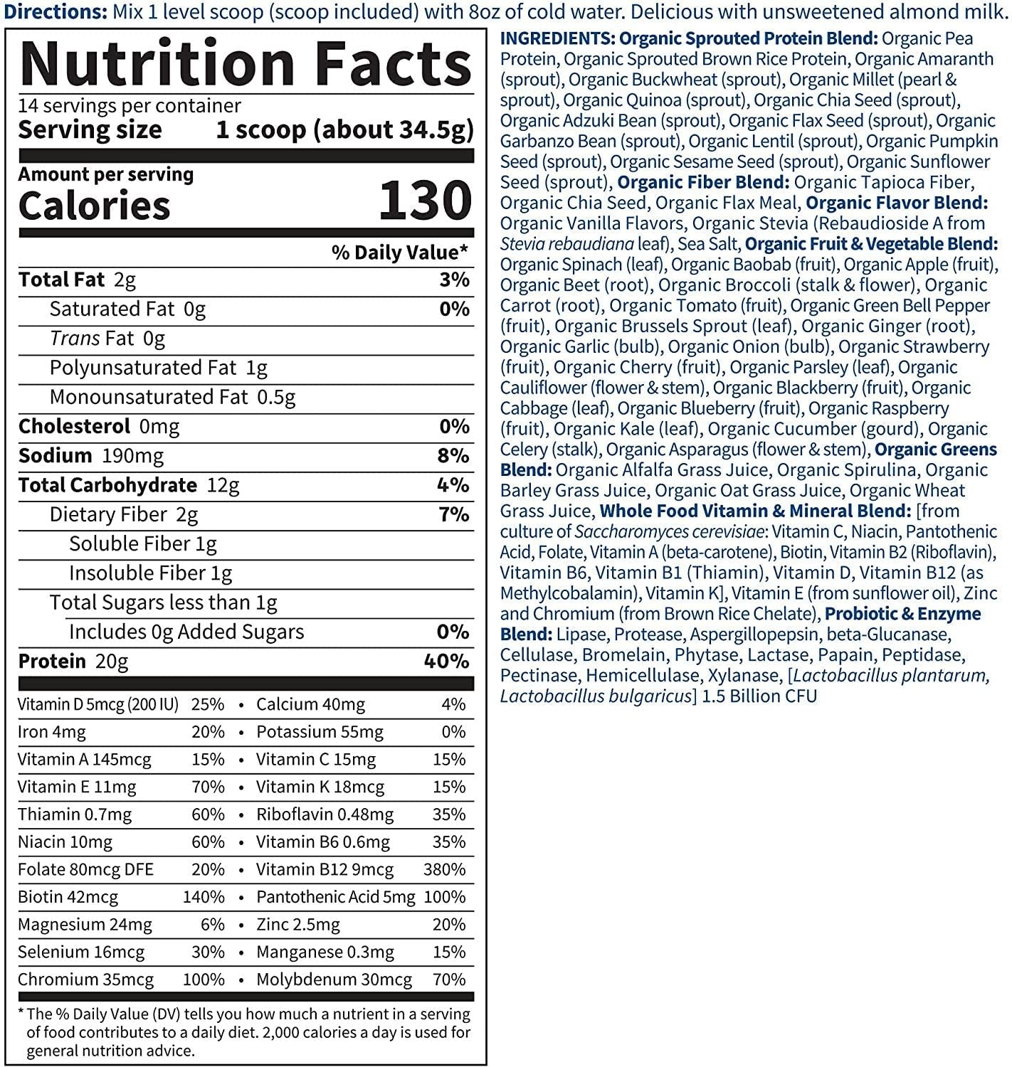 Garden of Life Meal Replacement - Organic Raw Plant Based Protein Powder, Vanilla, Vegan, Gluten-Free, 17.1 oz (484g) Powder