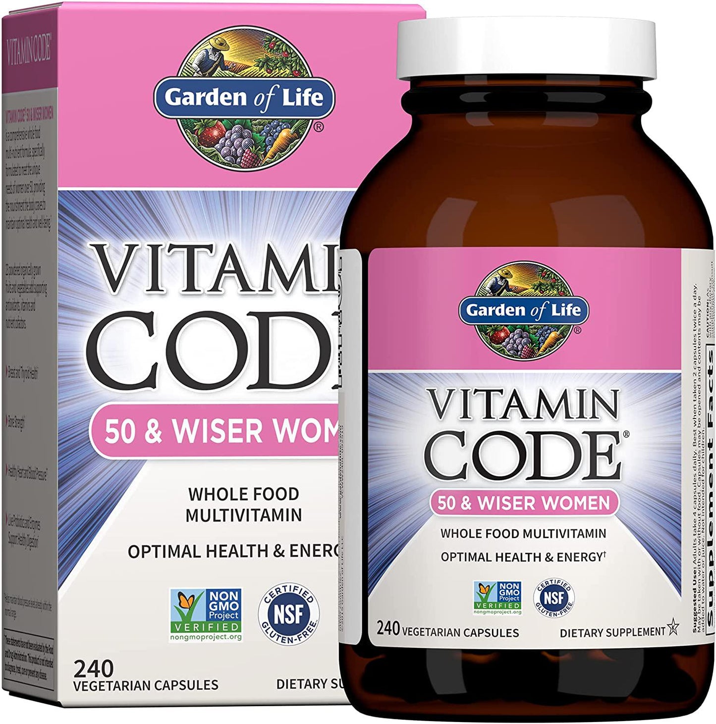 Garden of Life Multivitamin for Women 50 and Over, Vitamin Code Women 50 and Wiser Multi - 240 Capsules with Vitamins A, B, C, D3, E and K, CoQ10, Probiotics and Enzymes