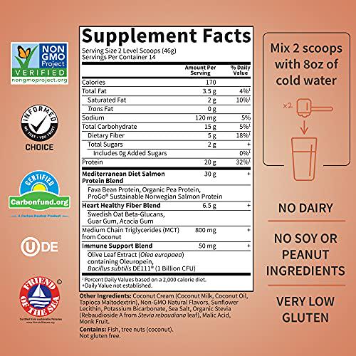 Garden of Life Norwegian Salmon and Vanilla Plant Based Protein with Pea and Fava Plus Immune Support with Probiotics for Digestion and Immunity Dr Formulated MD Non GMO, Carbon Neutral, 14 Servings