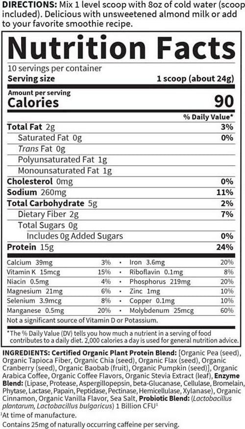 Garden of Life Organic Plant Protein Smooth Coffee Powder, 10 Servings - Vegan, Grain Free and Gluten Free Plant Based Protein Shake with Arabica Coffee, 1 Billion CFU Probiotics and Enzymes, 15g Protein