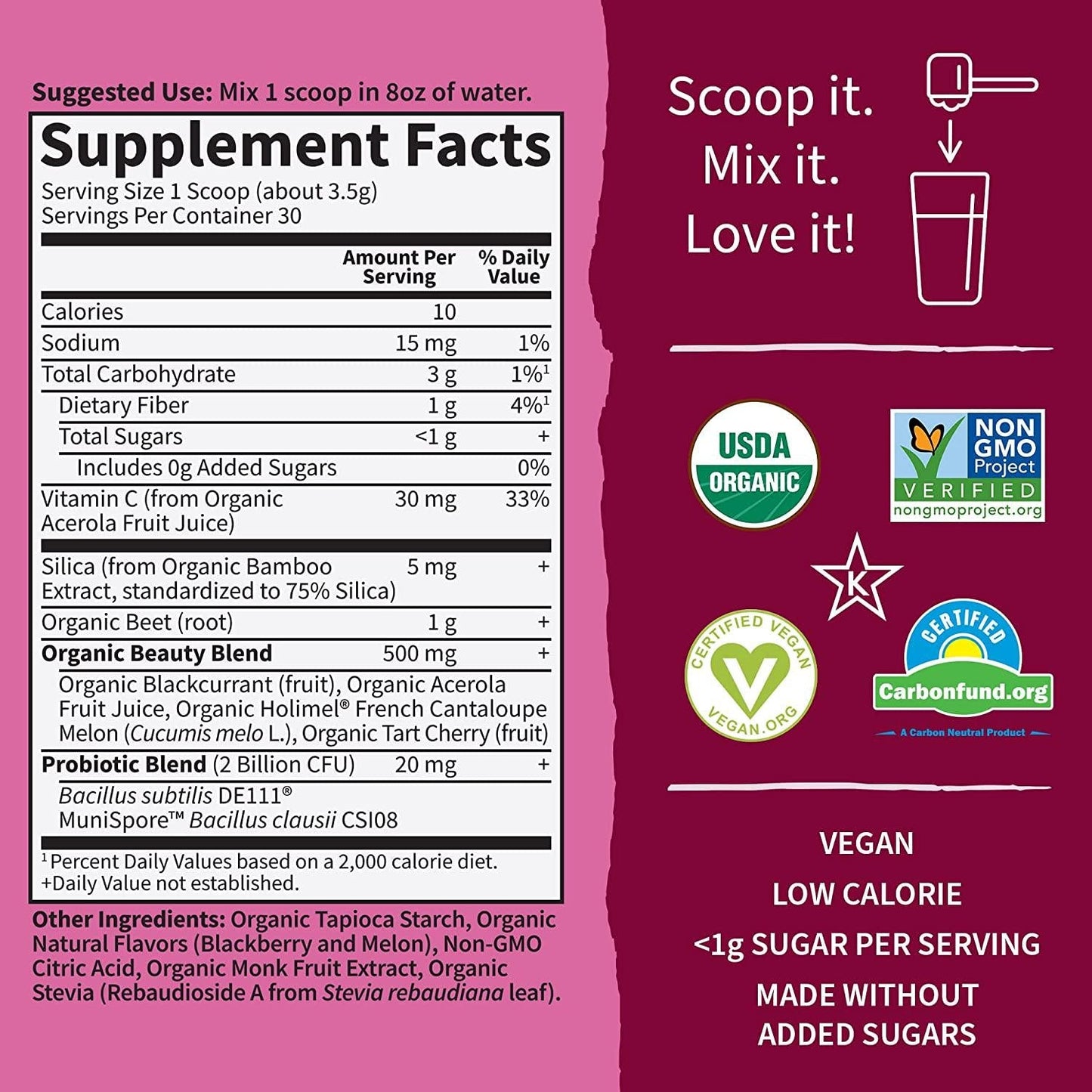 Garden of Life Organic Beet Root Powder with Antioxidants, Vitamin C, Probiotics, French Melon and Black Currant for Hair, Skin and Nails – Beets Beauty – Vegan, Non GMO, BlackBerry Melon – 30 Servings