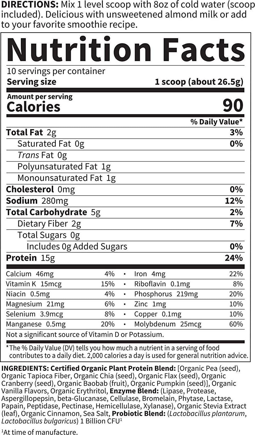 Garden of Life Organic Plant Protein Smooth Vanilla Powder, 10 Servings - Vegan, Grain Free and Gluten Free Plant Based Protein Shake with 1 Billion CFU Probiotics and Enzymes, Protein, White, 9.4 Oz