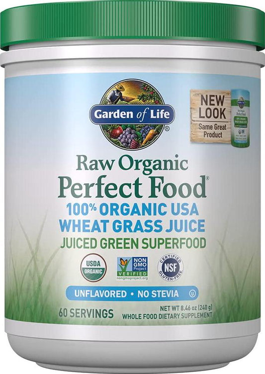 Garden of Life Raw 100% Organic Perfect Food USA Wheat Grass Juice - Green Superfood Powder, 60 Servings - Stevia and Gluten Free, Non-GMO, Vegan, Whole Food Dietary Supplement, 8.46 Oz