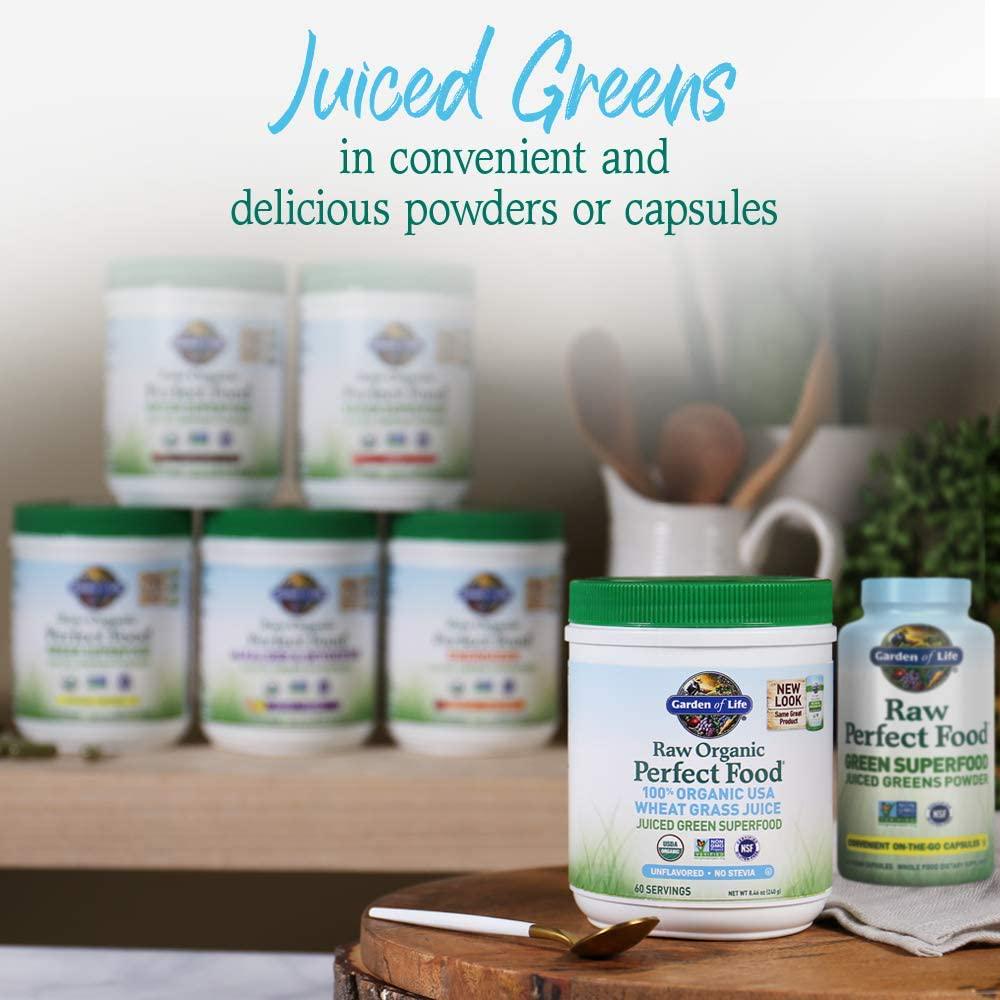 Garden of Life Raw 100% Organic Perfect Food USA Wheat Grass Juice - Green Superfood Powder, 60 Servings - Stevia and Gluten Free, Non-GMO, Vegan, Whole Food Dietary Supplement, 8.46 Oz