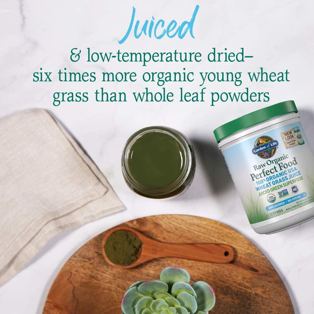 Garden of Life Raw 100% Organic Perfect Food USA Wheat Grass Juice - Green Superfood Powder, 60 Servings - Stevia and Gluten Free, Non-GMO, Vegan, Whole Food Dietary Supplement, 8.46 Oz
