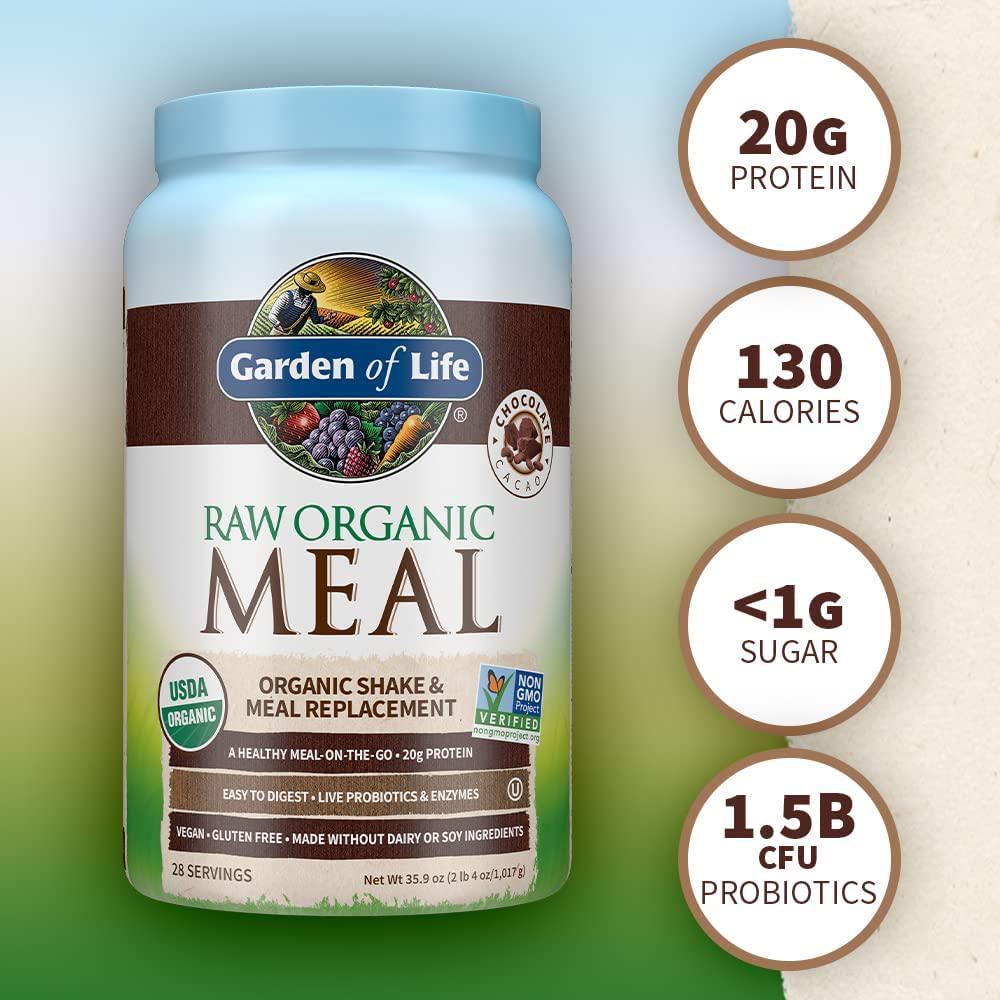 Garden of Life Raw Organic Meal Replacement Shakes - Chocolate Plant Based Vegan Protein Powder, Pea Protein, Sprouts, Greens, Probiotics, Dairy Free All in One Shake for Women and Men, 28 Servings