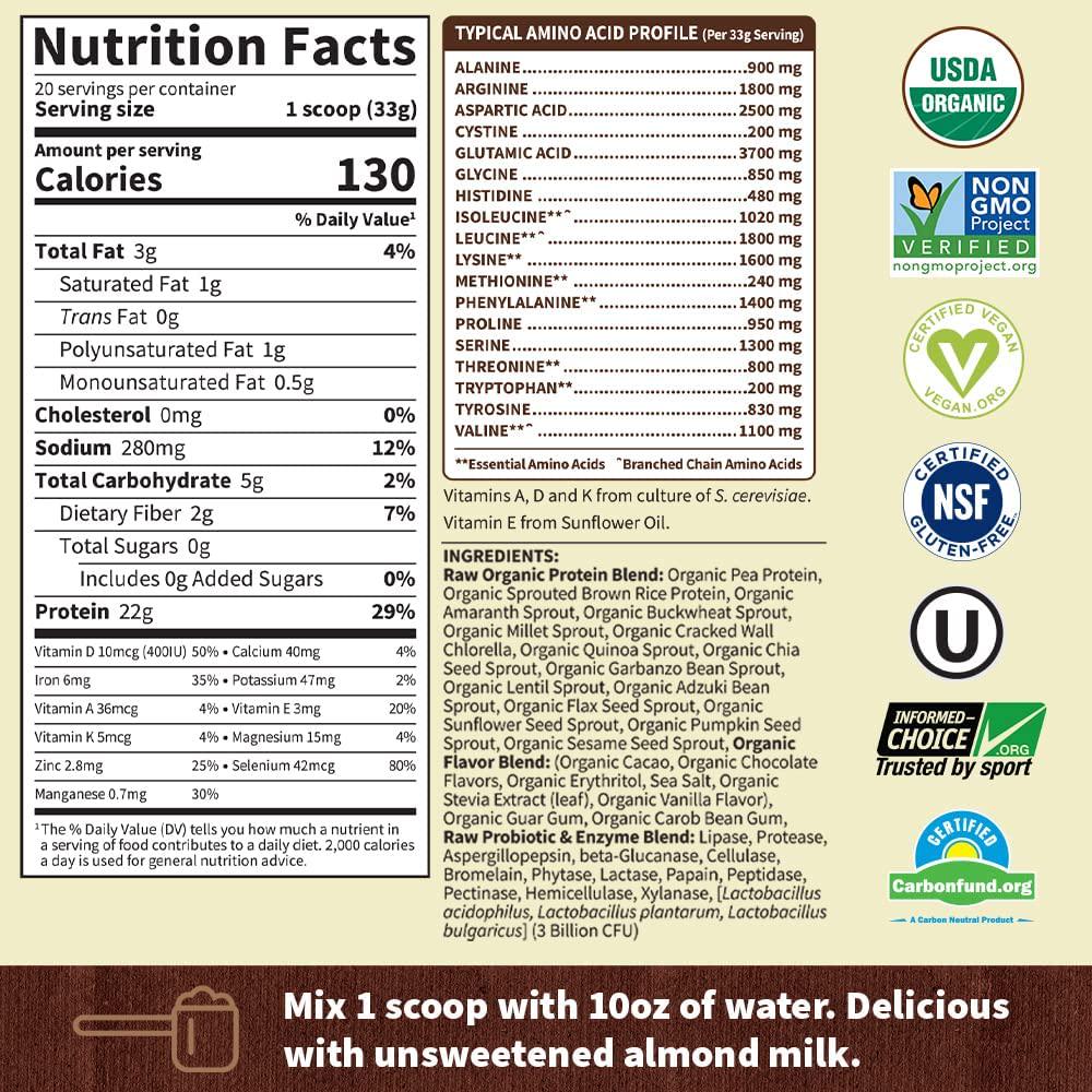 Garden of Life Raw Organic Protein Chocolate Powder, 20 Servings *Packaging May Vary* Certified Vegan, Gluten Free, Organic, Non-GMO, Plant Based Sugar Free Protein Shake with Probiotics and Enzymes
