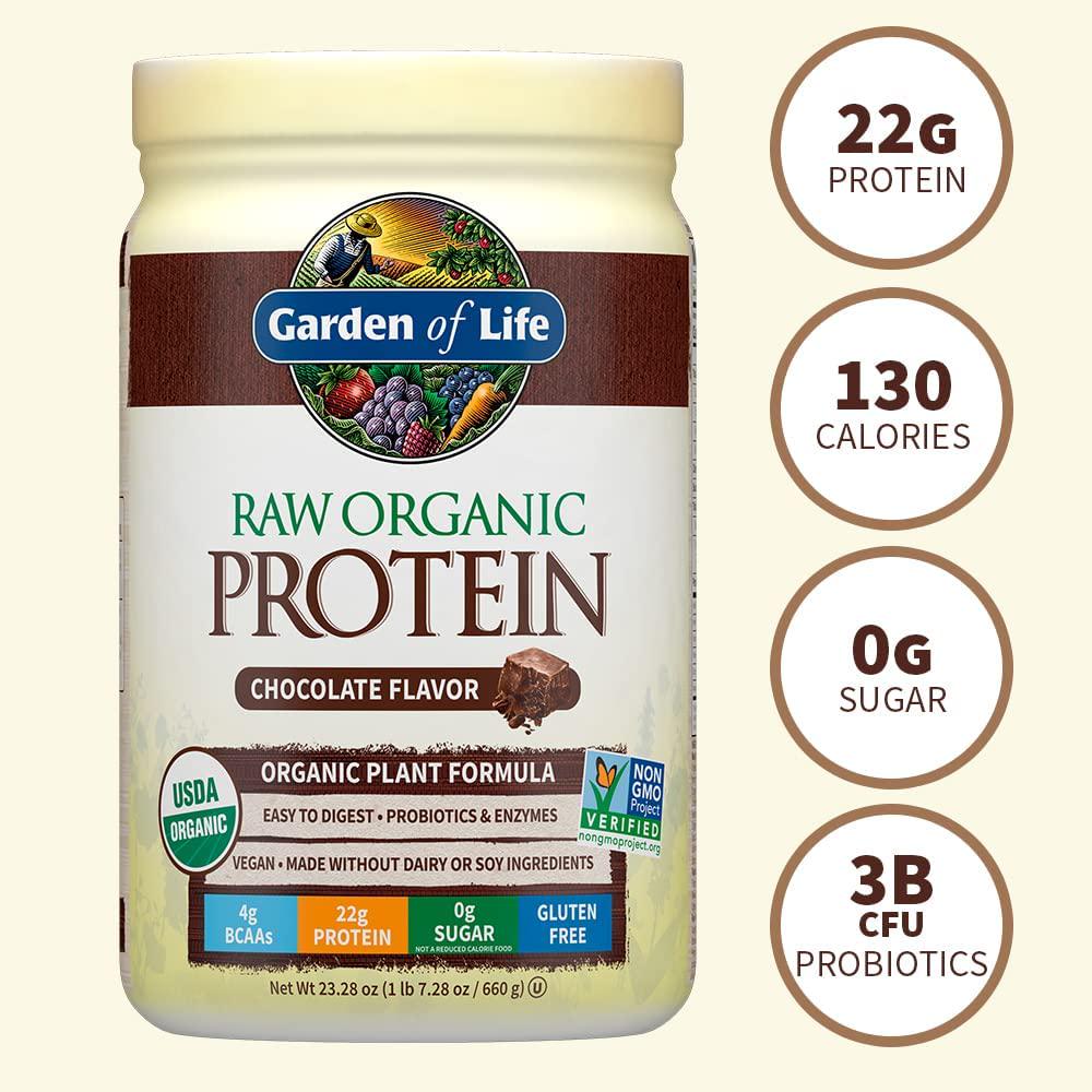 Garden of Life Raw Organic Protein Chocolate Powder, 20 Servings *Packaging May Vary* Certified Vegan, Gluten Free, Organic, Non-GMO, Plant Based Sugar Free Protein Shake with Probiotics and Enzymes