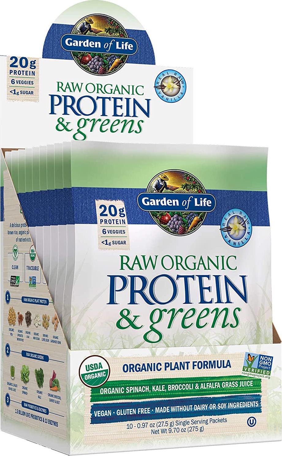 Garden of Life Raw Organic Protein and Greens - Vanilla - Vegan Protein Powder for Women and Men, Plant Protein, Pea Protein, Greens and Probiotics - Dairy Free, Gluten Free Low Carb Shake, 10ct Tray