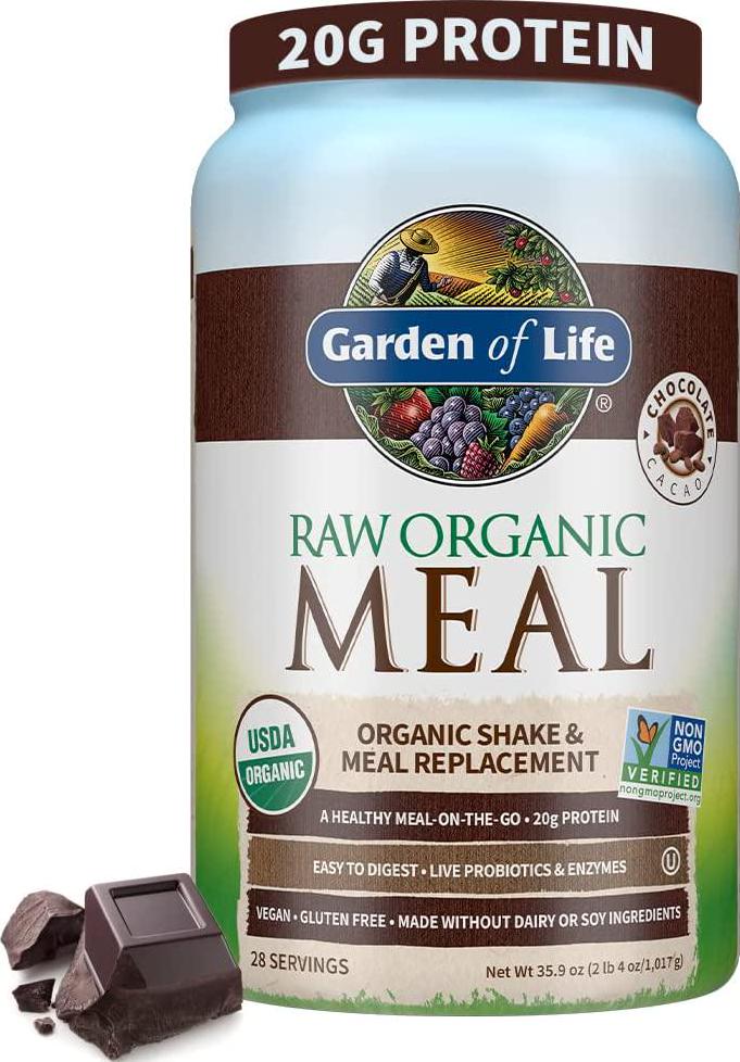 Garden of Life Raw Organic Meal Replacement Shakes - Chocolate Plant Based Vegan Protein Powder, Pea Protein, Sprouts, Greens, Probiotics, Dairy Free All in One Shake for Women and Men, 28 Servings