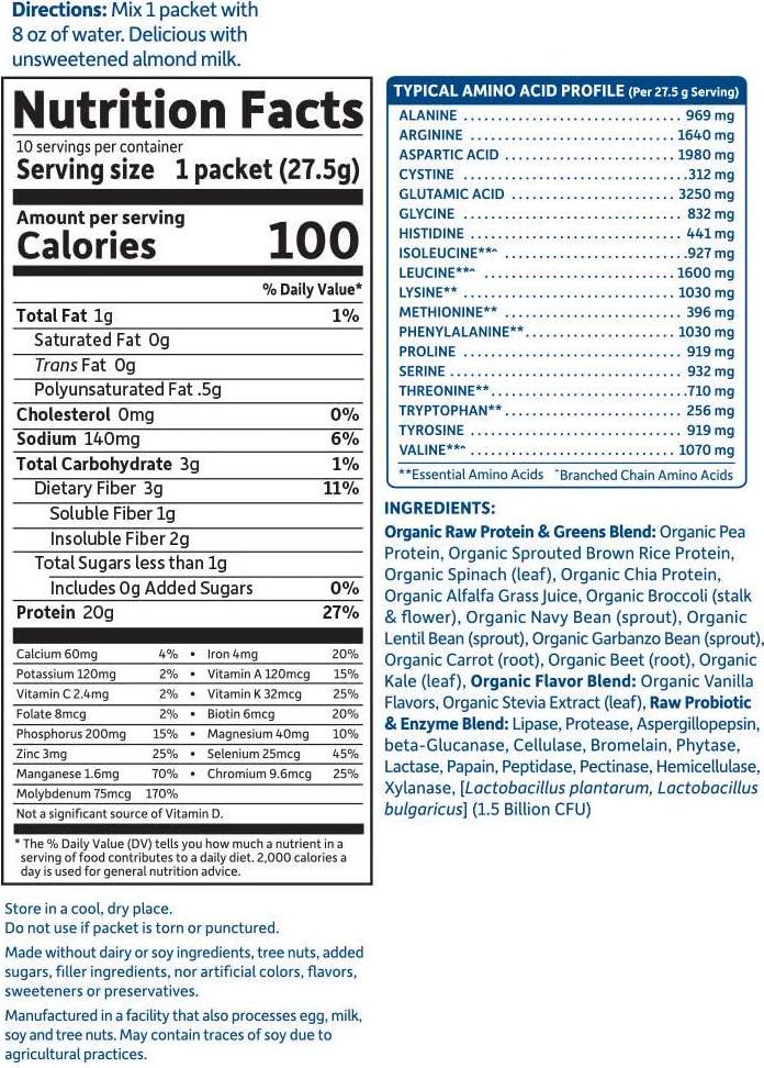 Garden of Life Raw Organic Protein and Greens - Vanilla - Vegan Protein Powder for Women and Men, Plant Protein, Pea Protein, Greens and Probiotics - Dairy Free, Gluten Free Low Carb Shake, 10ct Tray