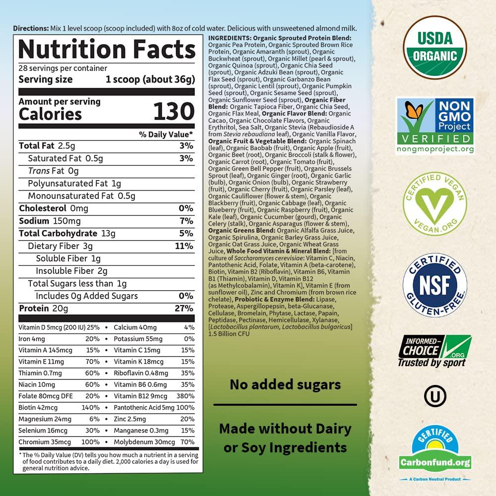 Garden of Life Raw Organic Meal Replacement Shakes - Chocolate Plant Based Vegan Protein Powder, Pea Protein, Sprouts, Greens, Probiotics, Dairy Free All in One Shake for Women and Men, 28 Servings