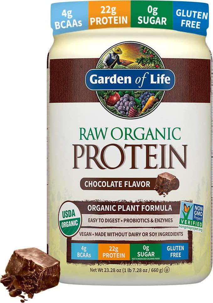 Garden of Life Raw Organic Protein Chocolate Powder, 20 Servings *Packaging May Vary* Certified Vegan, Gluten Free, Organic, Non-GMO, Plant Based Sugar Free Protein Shake with Probiotics and Enzymes
