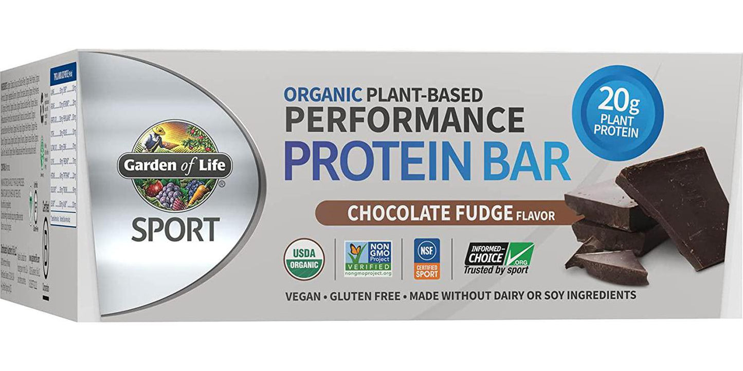 Garden of Life SPORT Protein Bars, Organic Plant Based High Protein Bars - Chocolate Fudge, 20g Pure Protein per Bar, 3.5g BCAAs, 10g Fiber, Vegan, Organic, Non-GMO, Gluten Free, 12 Count