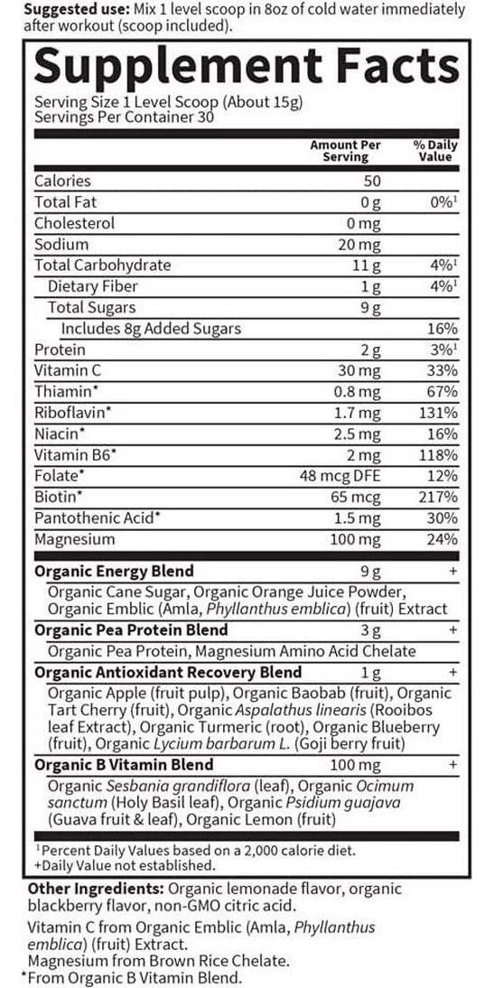 Garden of Life Sport Vegan Organic Plant Based Post Workout Muscle Recovery Powder for Men and Women - BlackBerry Lemonade 30 Servings, 100mg Magnesium, Antioxidants, Supplements, 15.7 Oz