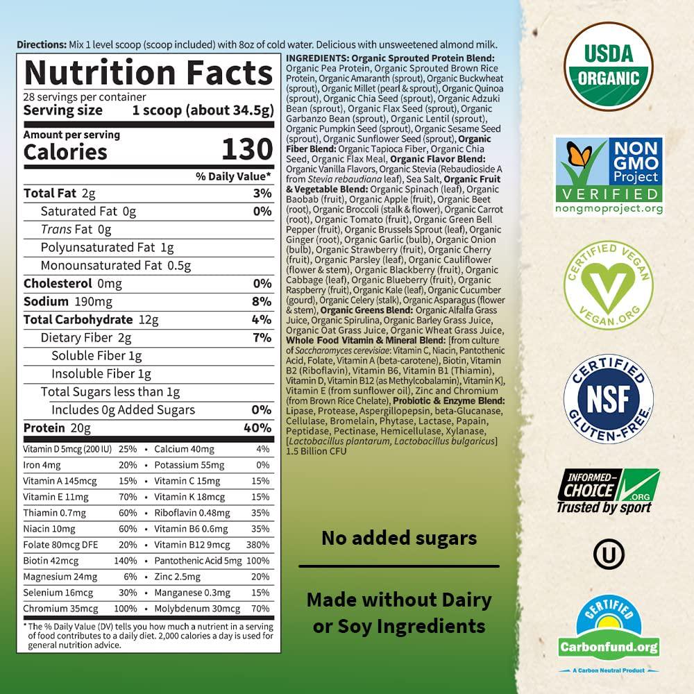 Garden of Life Vegan Protein Powder - Raw Organic Meal Replacement Shakes - Vanilla - Pea Protein, Greens and Probiotics for Women and Men, Plant Based Dairy Free All in One Shake, 28 Servings