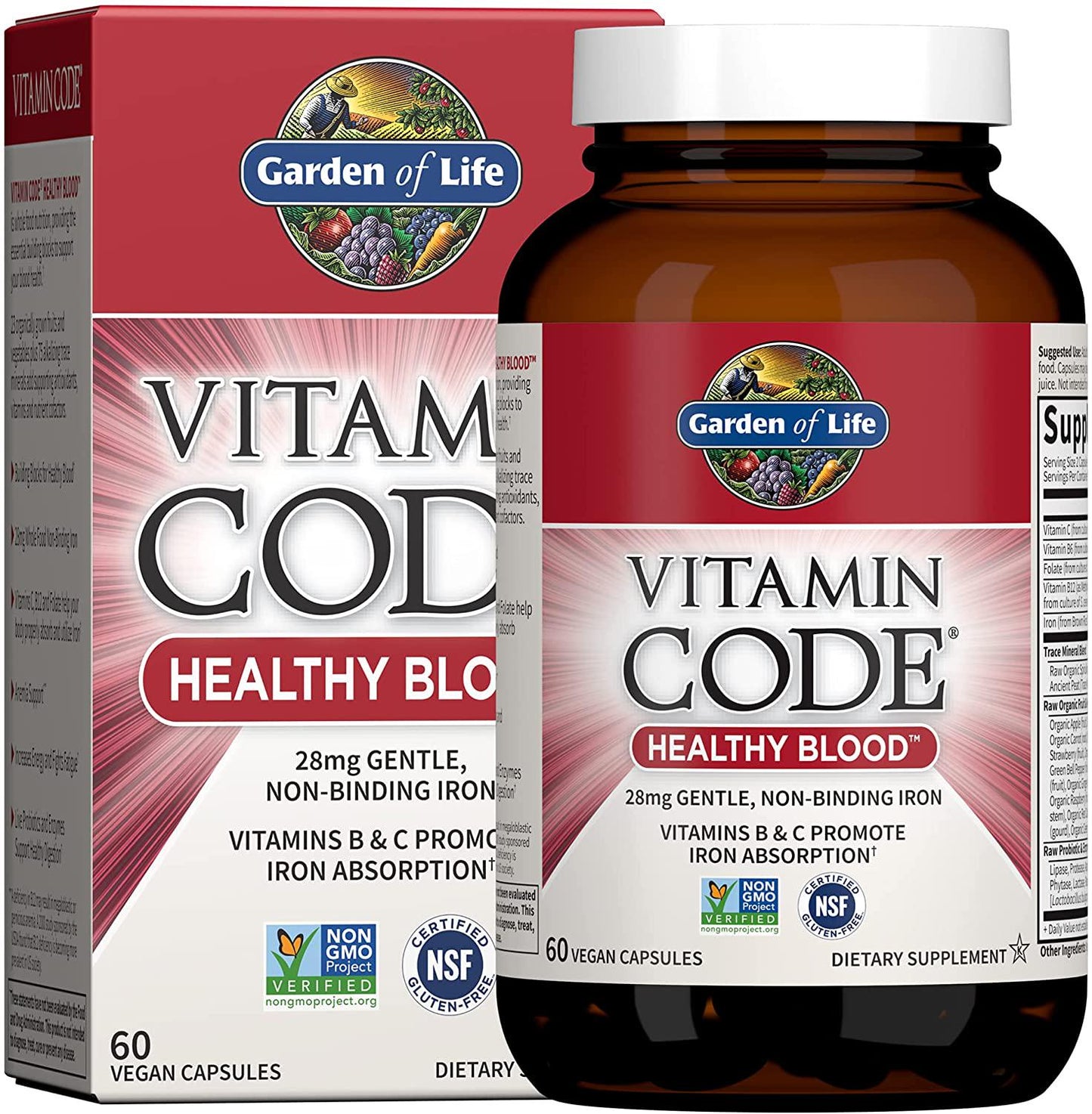Garden of Life Vitamin Code Iron Supplement, Healthy Blood - 60 Vegan Capsules, 28g Iron, Vitamins B, C, Trace Minerals, Fruit Veggies, Probiotics - Iron Supplements for Women Energy, Anemia Support