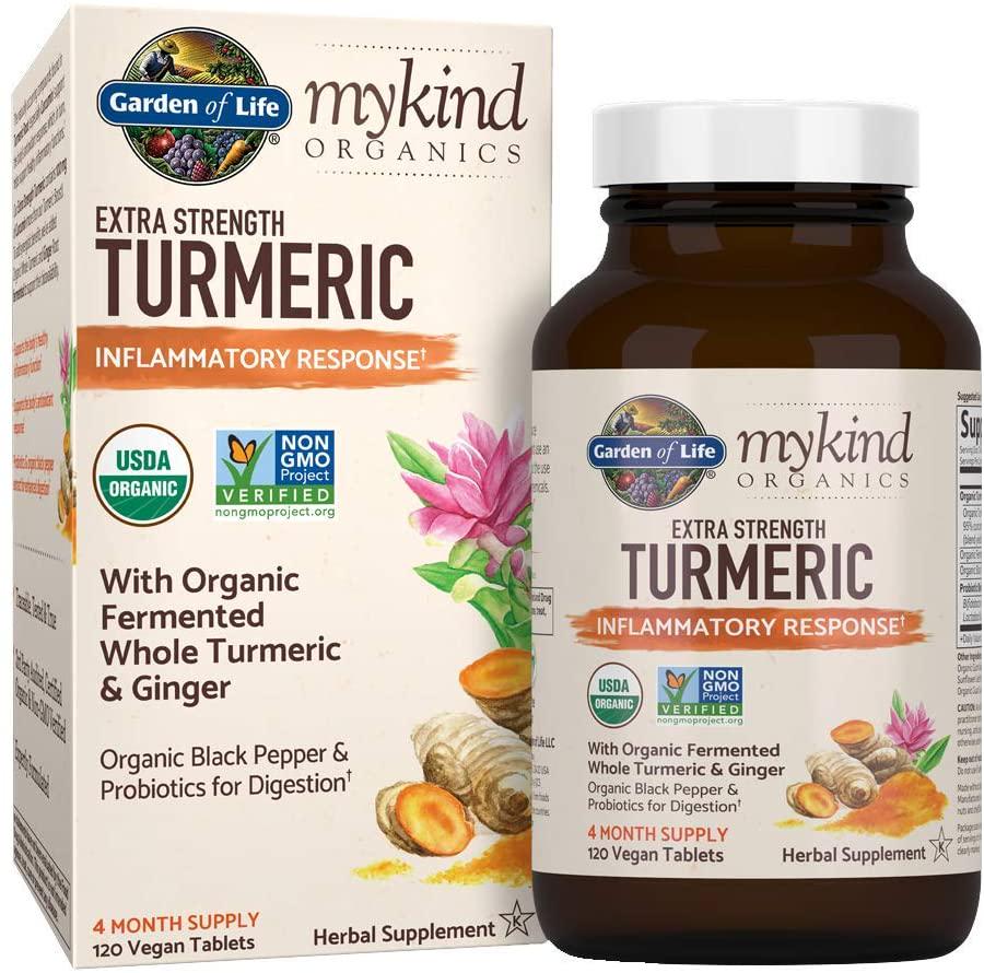 Garden of Life mykind Organics Extra Strength Turmeric Inflammatory Response 120 Tablets-100mg Curcumin (95% Curcuminoids) Black Pepper, Probiotics, Organic Non-GMO Vegan Gluten Free Herbal Supplemen