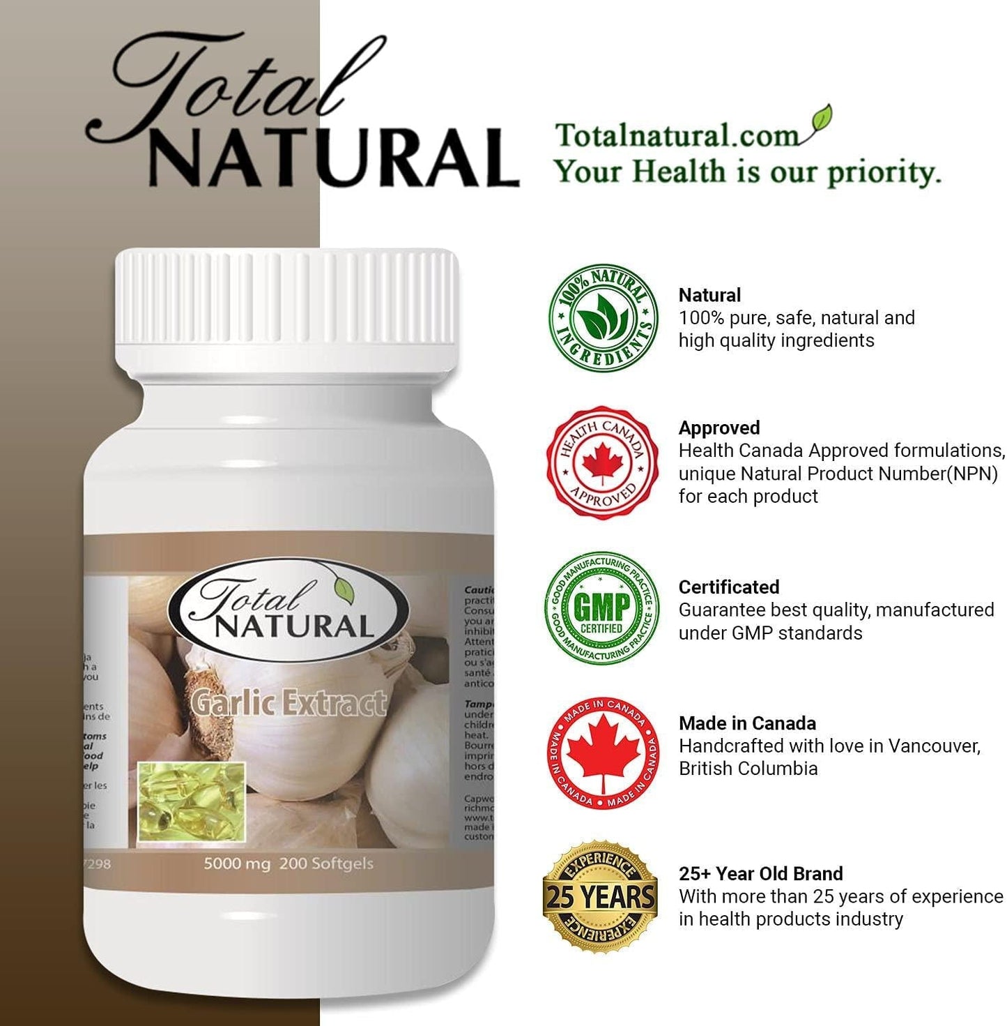 Garlic Extract 5000mg 200 Count Bottle of Softgels [1 Bottle] by Total Natural, Safe and Natural Cardiovascular Health Supplement for Men and Women, GMP Premium Ingredients