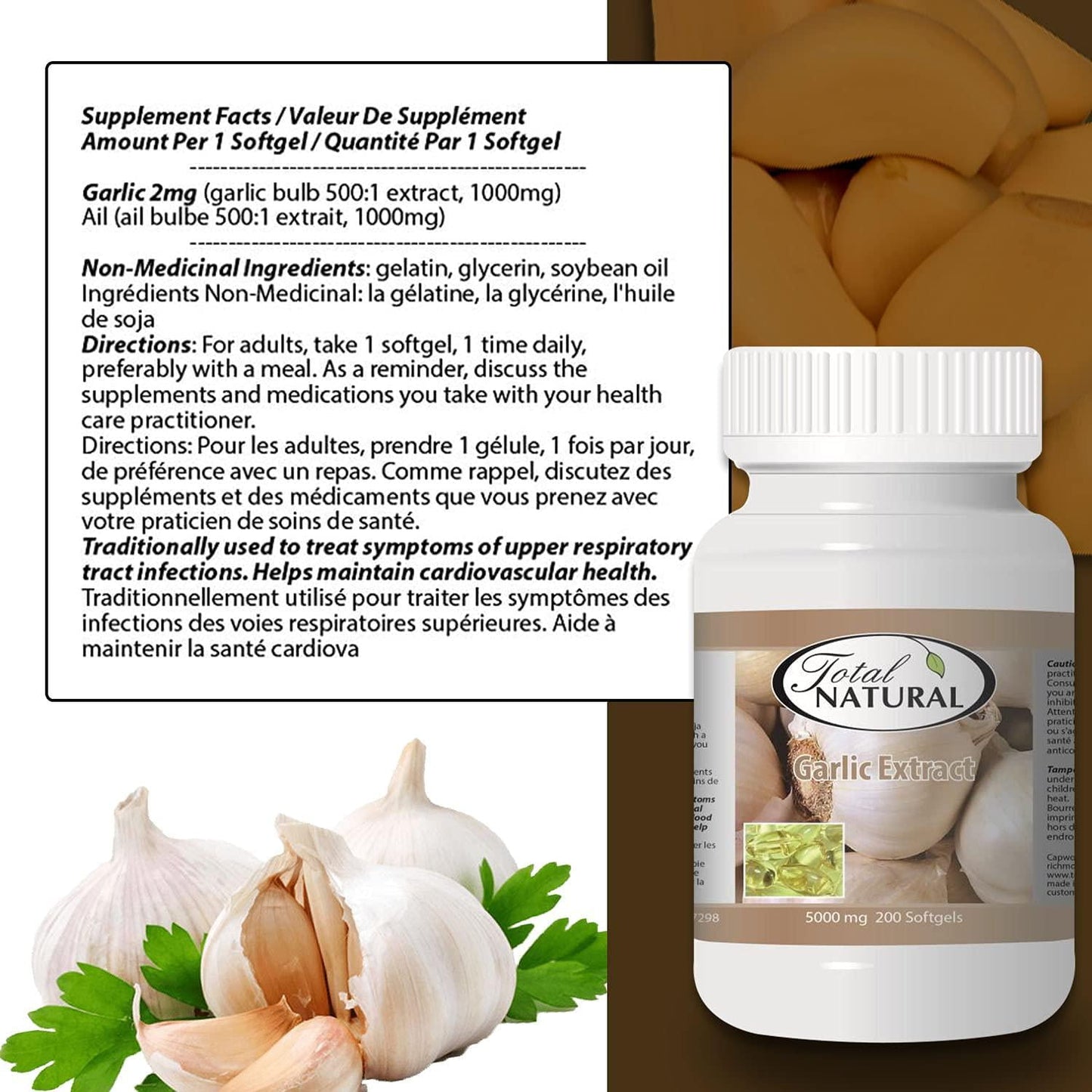 Garlic Extract 5000mg 200 Count Bottle of Softgels [1 Bottle] by Total Natural, Safe and Natural Cardiovascular Health Supplement for Men and Women, GMP Premium Ingredients