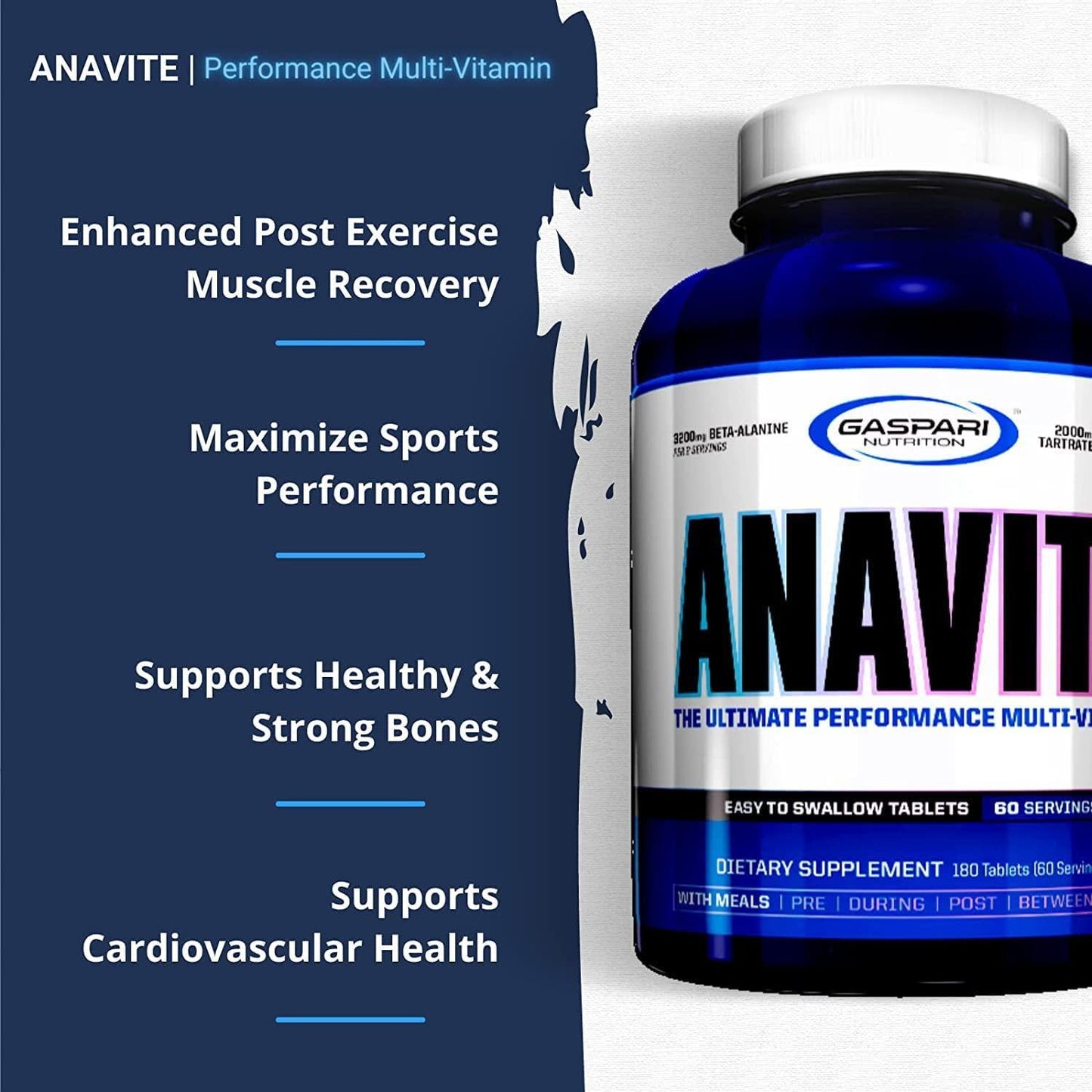 Gaspari Anavite, The Best Multivitamin for Men and Women with Beta-Alanine and L-Carnitine, Sports Nutrition Multi-Vitamin for Better Post Workout Recovery and Nitric Oxide Production, 180 Tabs