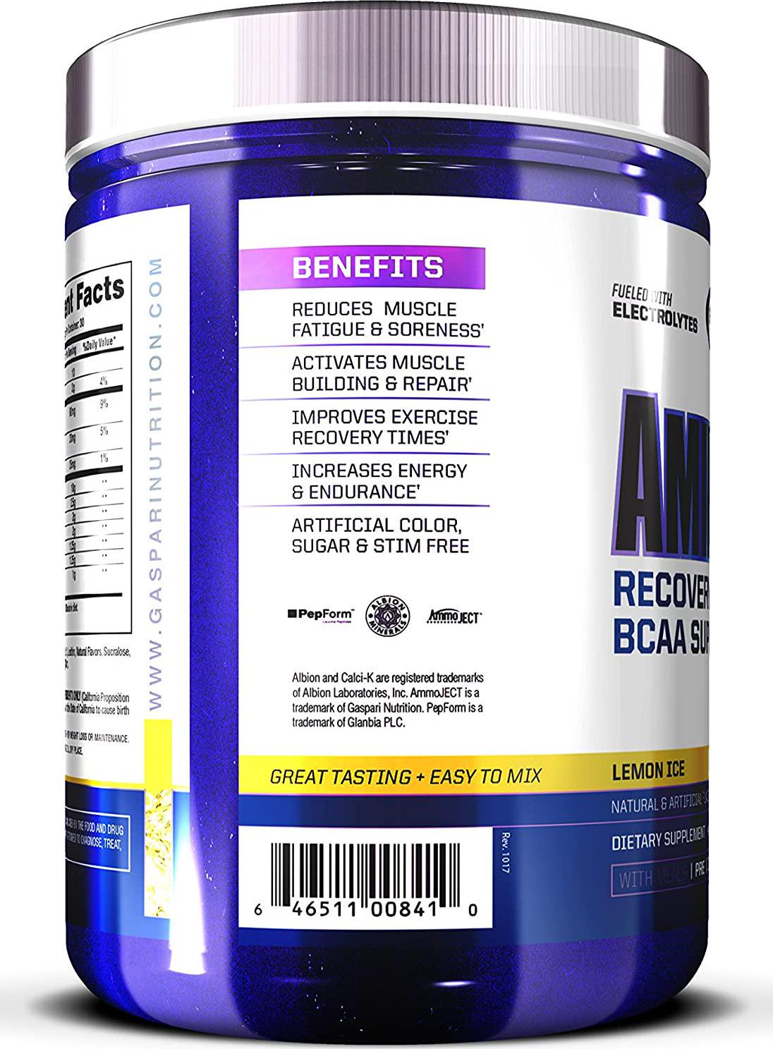 Gaspari Nutrition Aminolast, Recovery and Endurance BCAA Superfuel, 2:1:1 Amino Acid Ratio, Fueled with Electrolytes (30 Servings, Lemon Ice)