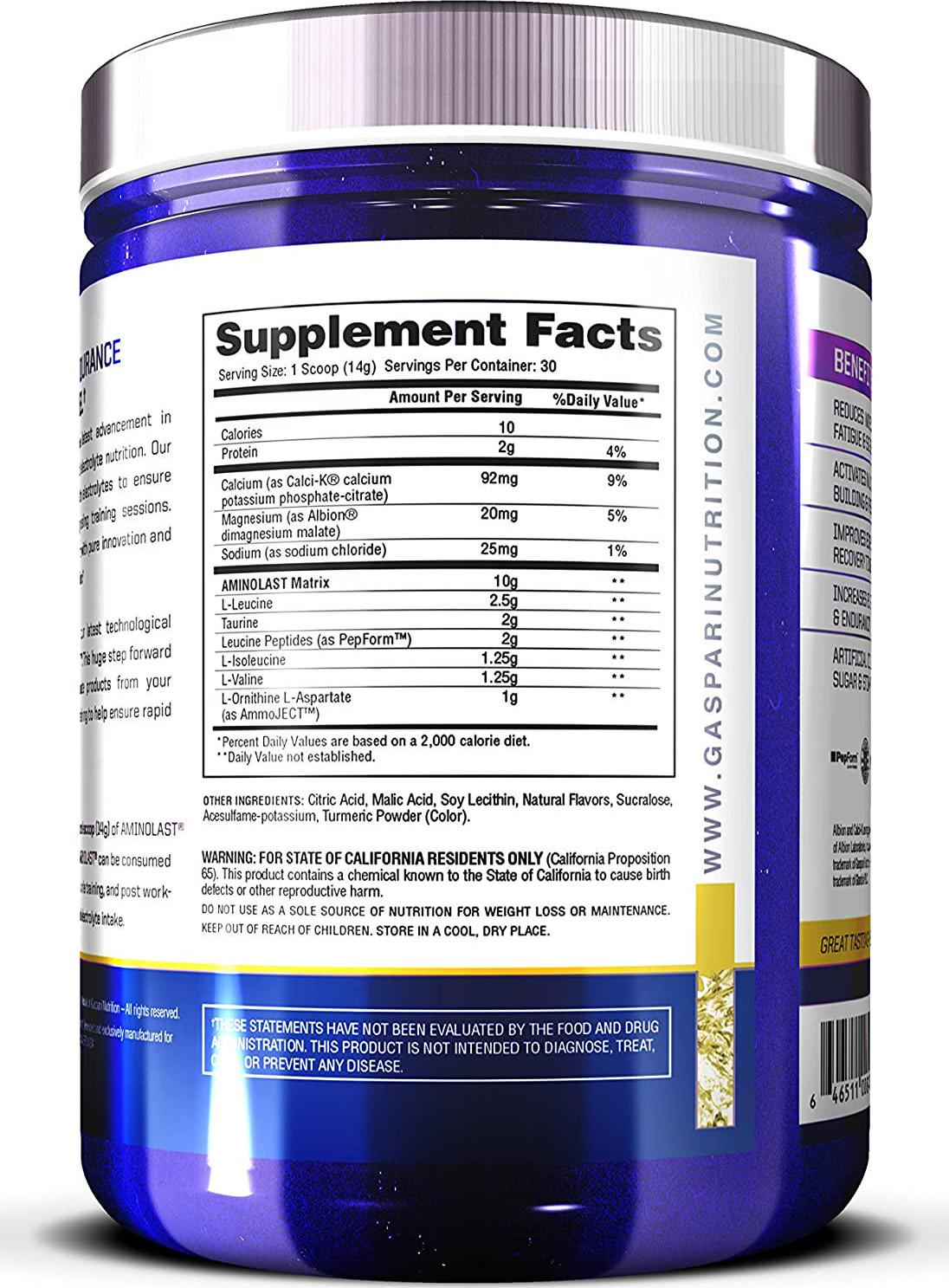 Gaspari Nutrition Aminolast, Recovery and Endurance BCAA Superfuel, 2:1:1 Amino Acid Ratio, Fueled with Electrolytes (30 Servings, Lemon Ice)