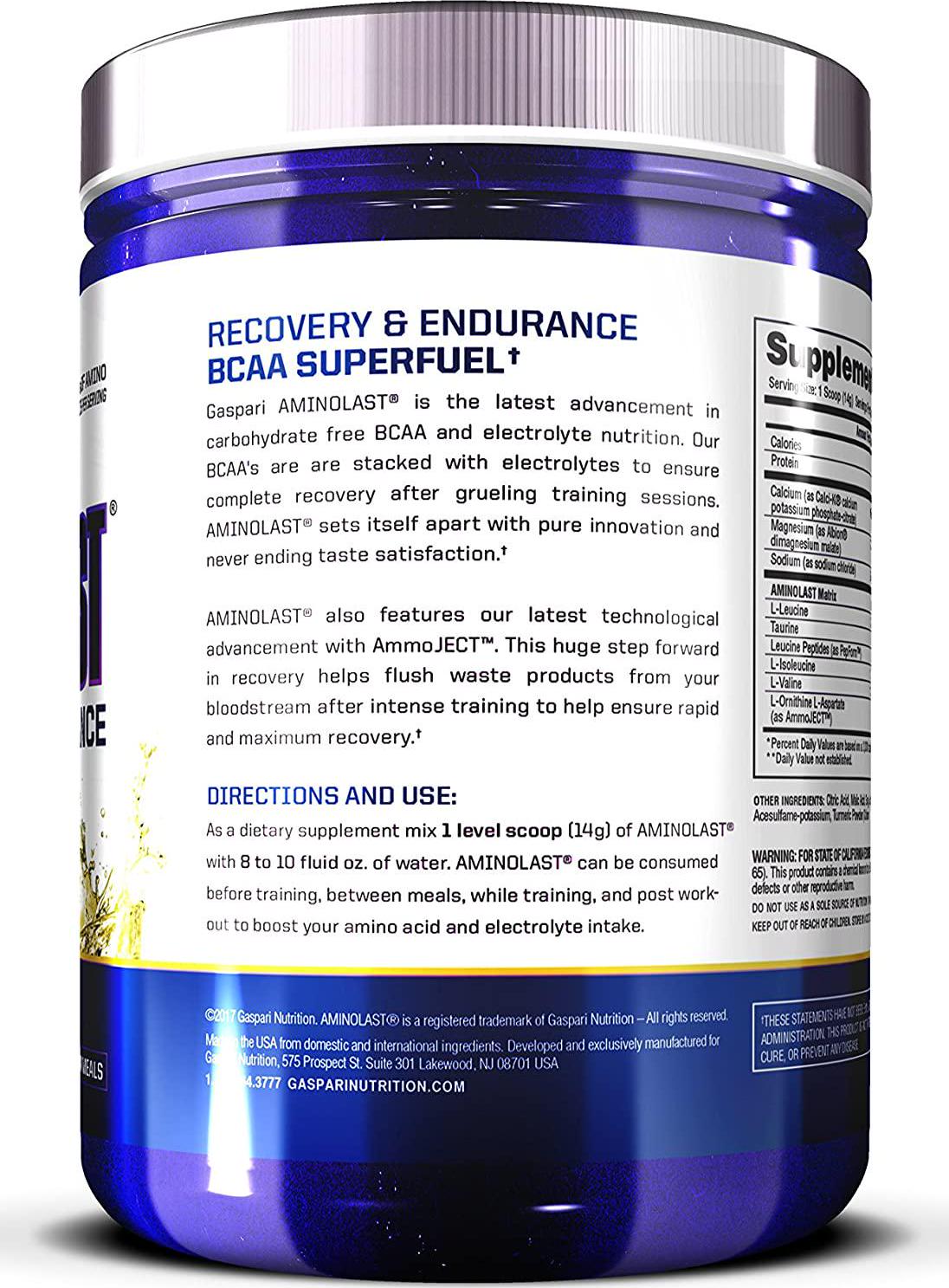 Gaspari Nutrition Aminolast, Recovery and Endurance BCAA Superfuel, 2:1:1 Amino Acid Ratio, Fueled with Electrolytes (30 Servings, Lemon Ice)