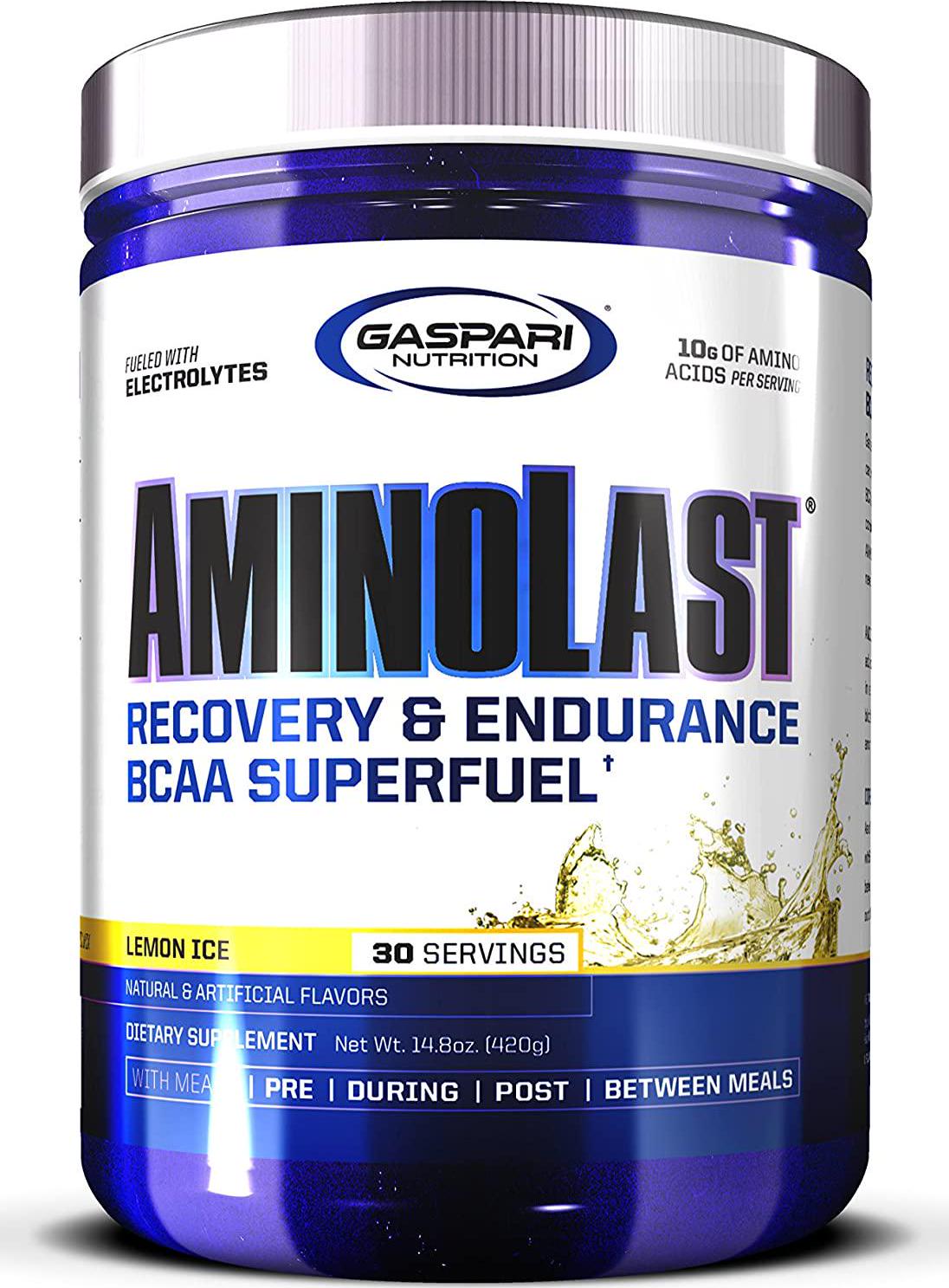 Gaspari Nutrition Aminolast, Recovery and Endurance BCAA Superfuel, 2:1:1 Amino Acid Ratio, Fueled with Electrolytes (30 Servings, Lemon Ice)